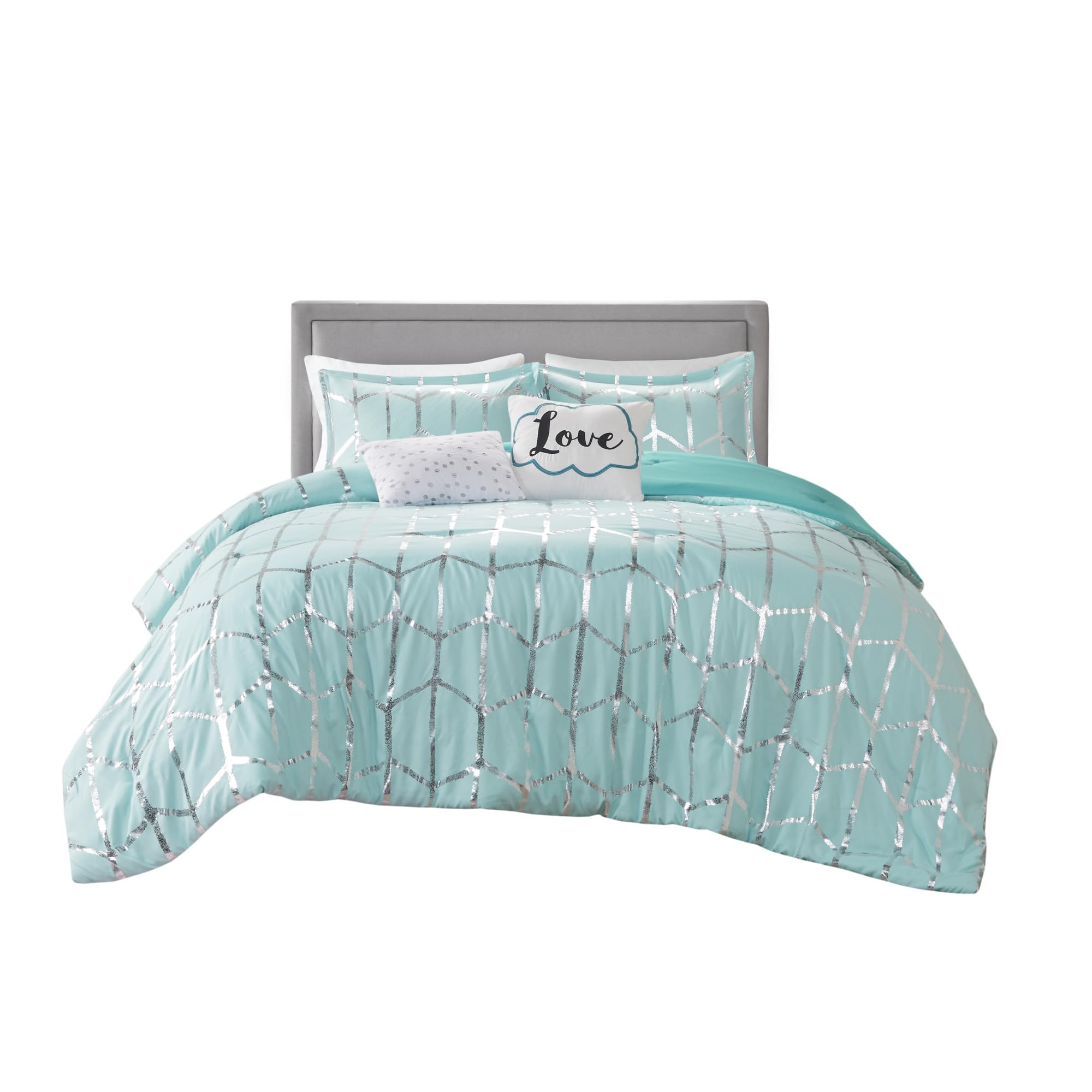 Intelligent Design Raina Full/Queen Comforter Set, Soft Microfiber, Modern Geometric Metallic Bed Set, 5 Pieces College Bedding 