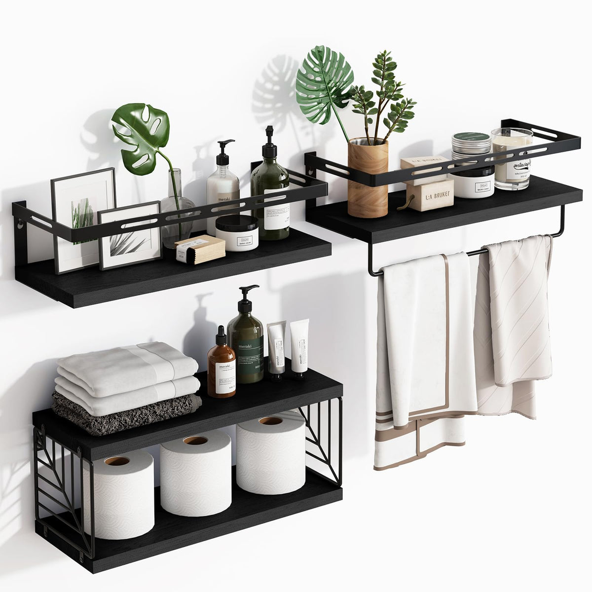 Fixwal 3+1 Tier Wall Mounted Bathroom Shelves Over Toilet, Rustic Wood Floating Shelves With Metal Frame And Towel Bar For Bathroom, Kitchen, Bedroom, Living Room (Black)