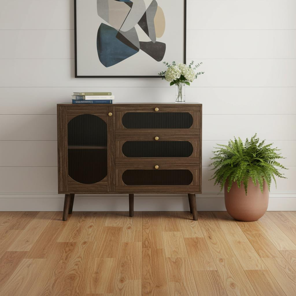 40 Brown Wood Three Drawer Sideboard With Glass Doors