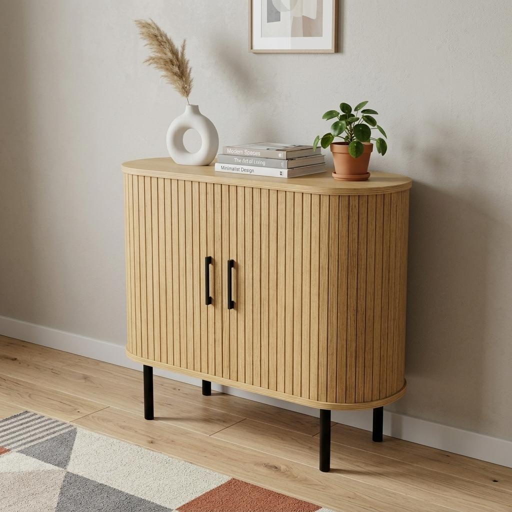 35 Natural Wood Ribbed Texture Sideboard With Two Sliding Doors