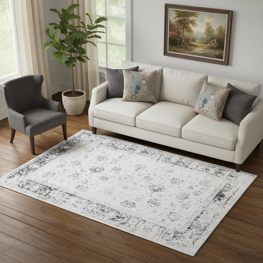 5 X 7 Ivory And Charcoal Oriental Distressed Washable Area Rug