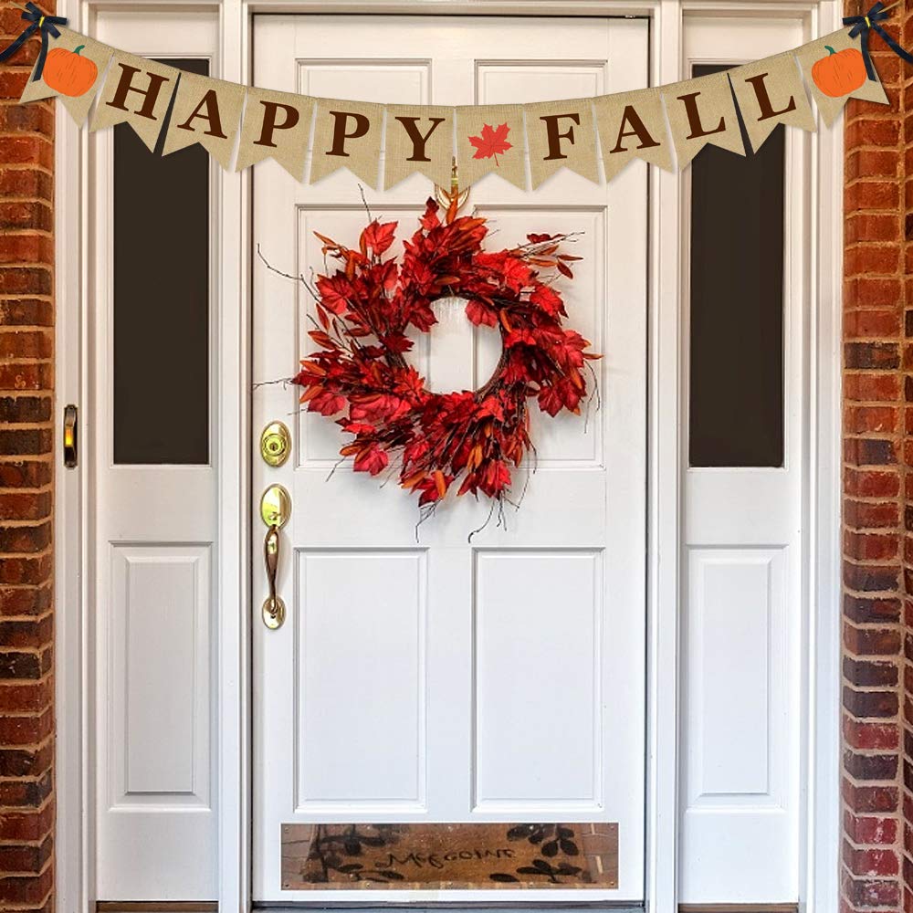 Erkoon Happy Fall Burlap Banner Happy Fall Sign Pumpkin Flag Rustic Natural Fall Harvest Banner For Autumn Home Party School Par