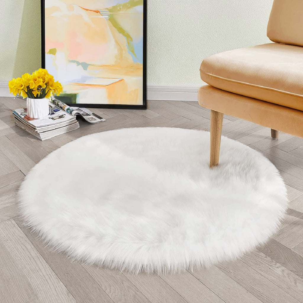 Orinova White Round Rugs 6.6Ft Large Faux Sheepskin Washable Fur Area Rugs For Living Room Circle Shag Rugs For Bedroom Boho Nur