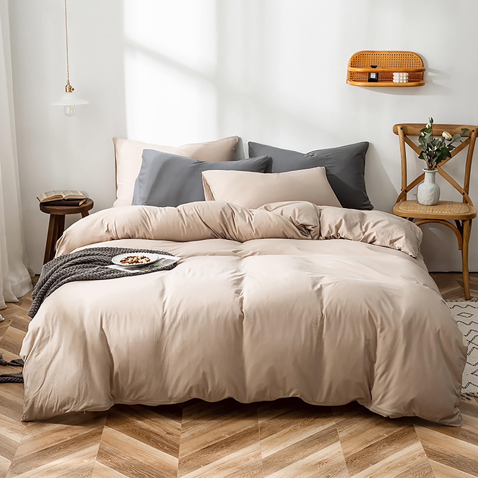 Luxlovery Cream Coffee Comforter Set Queen Beige Khaki Bedding Comforter Set Cotton Bedding Set Solid Dark Champagne Blanket Qui