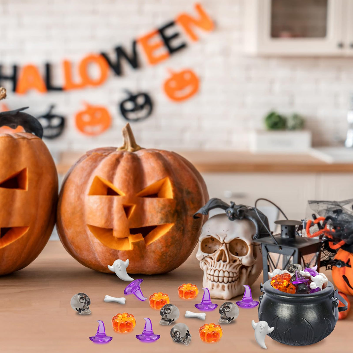 Lyfjxx Halloween Vase Filler, Mini Acrylic Pumpkin Ghost Skull Skeleton Witch Hats For Halloween Party Centerpieces Table Scatte