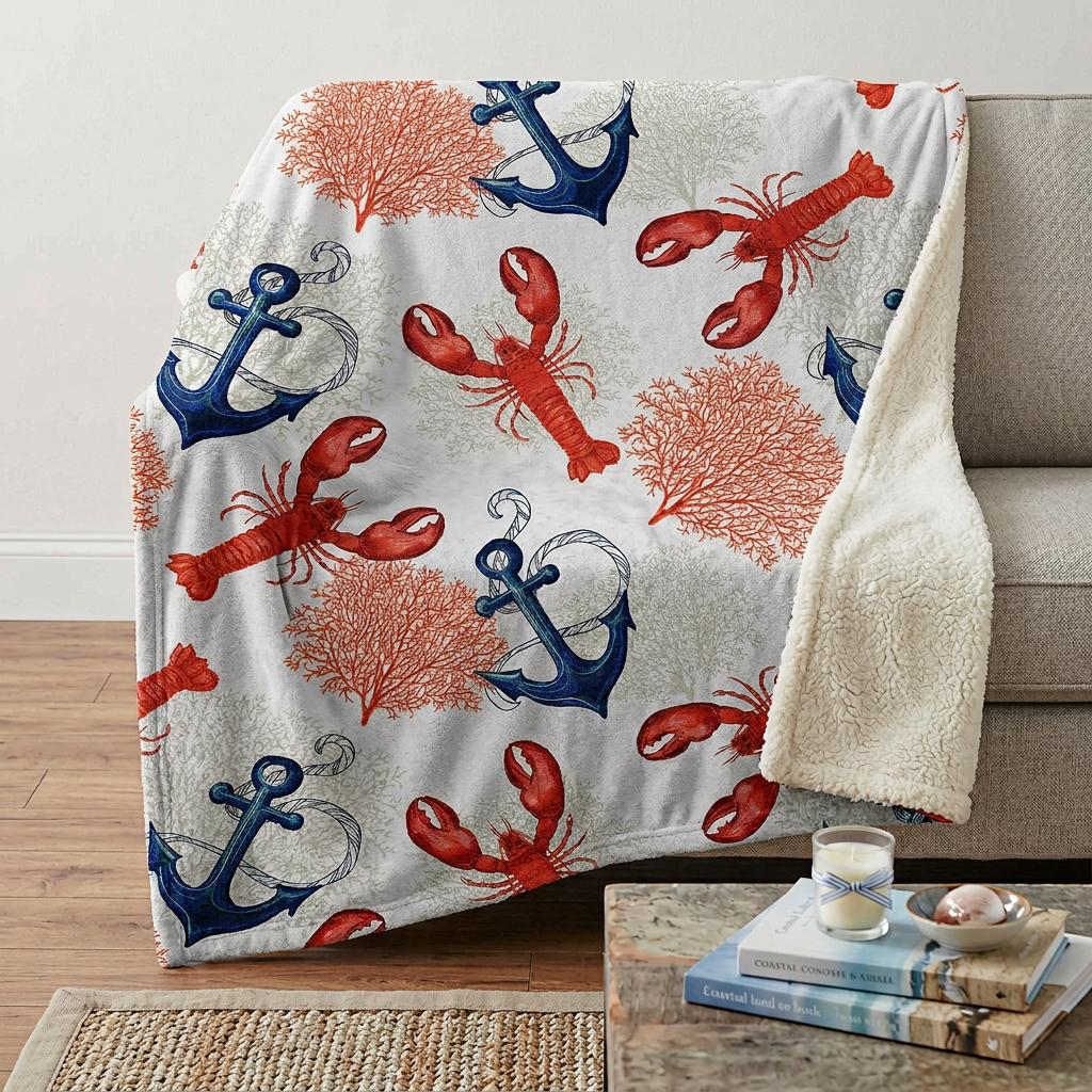 50 X 70 Ivory Red and Blue Microfiber Coastal Nautical Plush Throw Blanket