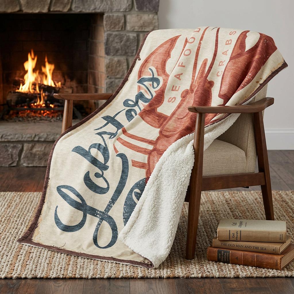 50 X 70 Beige Blue And Red Lobster Plush Throw Blanket