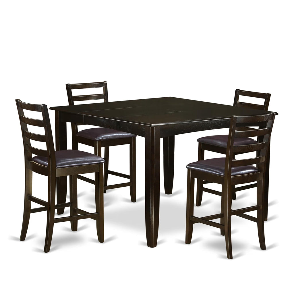East West Furniture FAIR5-CAP-LC 5 Piece Counter Height Dining Set Includes a Square Kitchen Table with Pedestal and 4 Faux Leather Upholstered Dining Chairs, 54x54 Inch, Cappuccino
