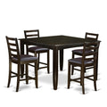 East West Furniture FAIR5-CAP-LC 5 Piece Counter Height Dining Set Includes a Square Kitchen Table with Pedestal and 4 Faux Leather Upholstered Dining Chairs, 54x54 Inch, Cappuccino