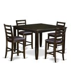 East West Furniture FAIR5-CAP-LC 5 Piece Counter Height Dining Set Includes a Square Kitchen Table with Pedestal and 4 Faux Leather Upholstered Dining Chairs, 54x54 Inch, Cappuccino