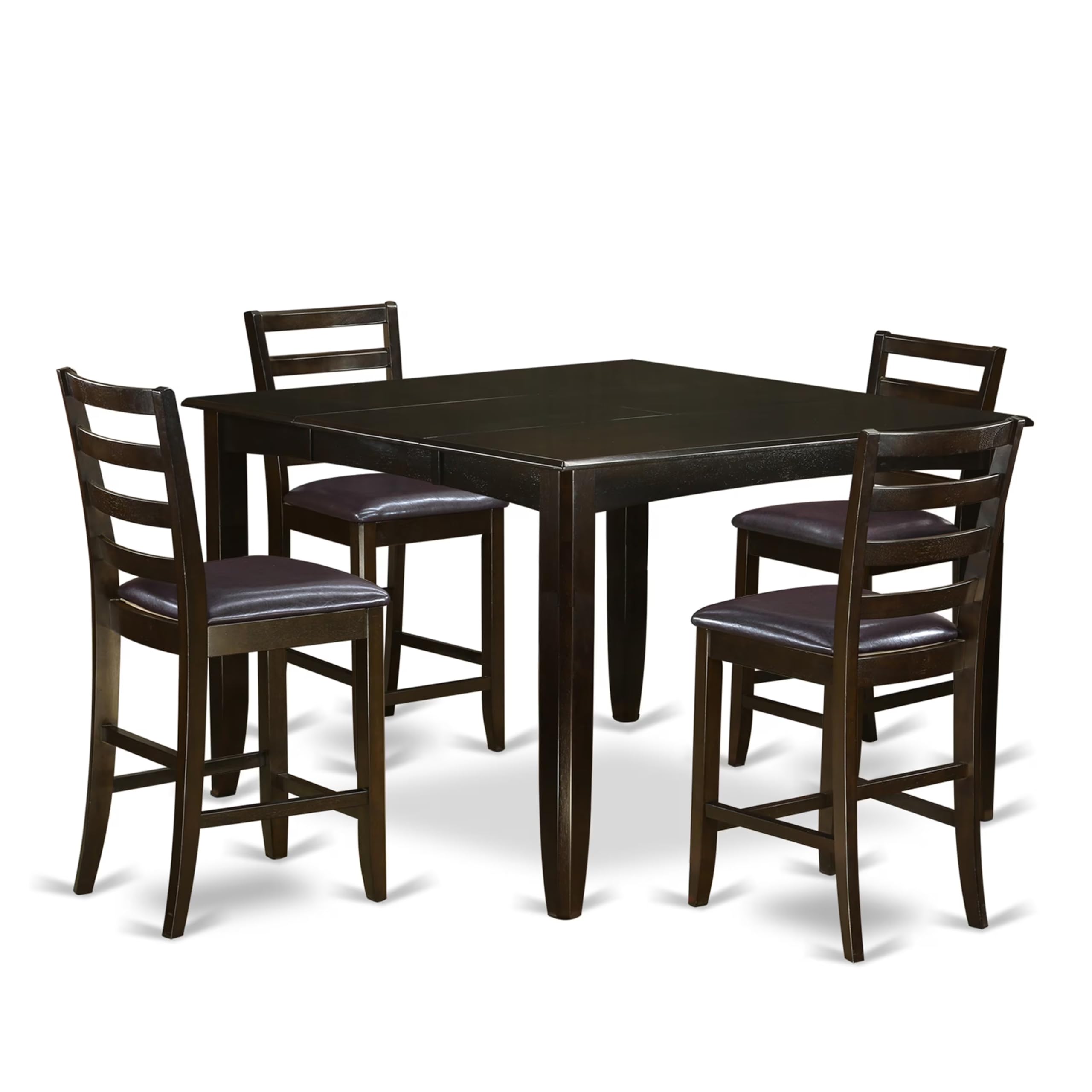 East West Furniture FAIR5-CAP-LC 5 Piece Counter Height Dining Set Includes a Square Kitchen Table with Pedestal and 4 Faux Leather Upholstered Dining Chairs, 54x54 Inch, Cappuccino