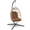 Serenelife Hanging Egg Chair With Stand - Wicker Rattan Outdoor Swing, Powder-Coated Steel Frame, Padded Cushion & Headrest - Ideal Swinging Chair For Bedroom, Patio, Backyard - 350 Lbs Load