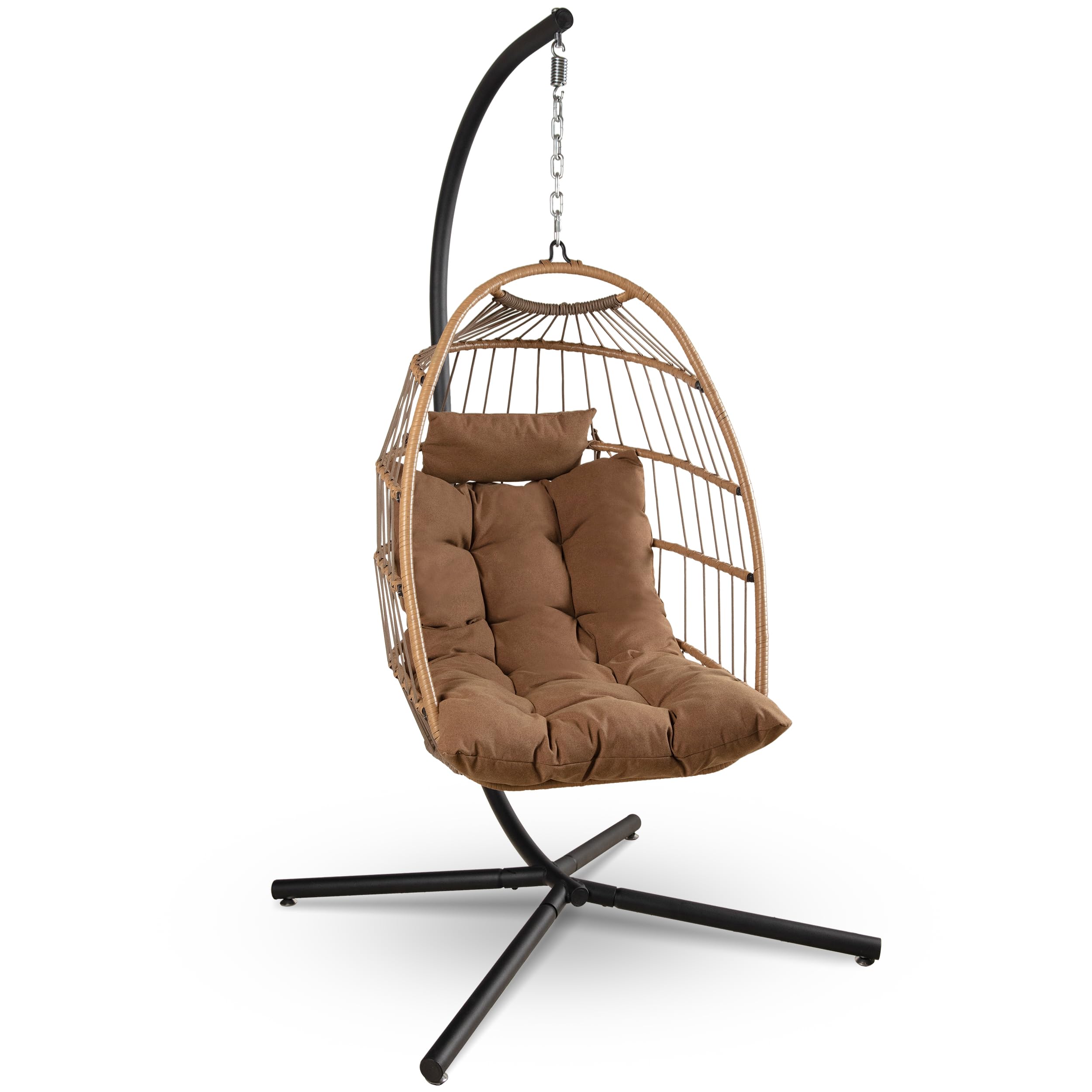 Serenelife Hanging Egg Chair With Stand - Wicker Rattan Outdoor Swing, Powder-Coated Steel Frame, Padded Cushion & Headrest - Ideal Swinging Chair For Bedroom, Patio, Backyard - 350 Lbs Load
