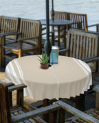 Queenker Outdoor Tablecloth With Umbrella Hole, Khaki And White Stripe Round Tables Waterproof Tabletop Collection For Patio, Ga