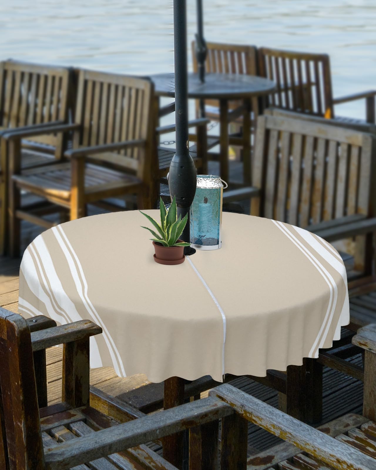 Queenker Outdoor Tablecloth With Umbrella Hole, Khaki And White Stripe Round Tables Waterproof Tabletop Collection For Patio, Ga