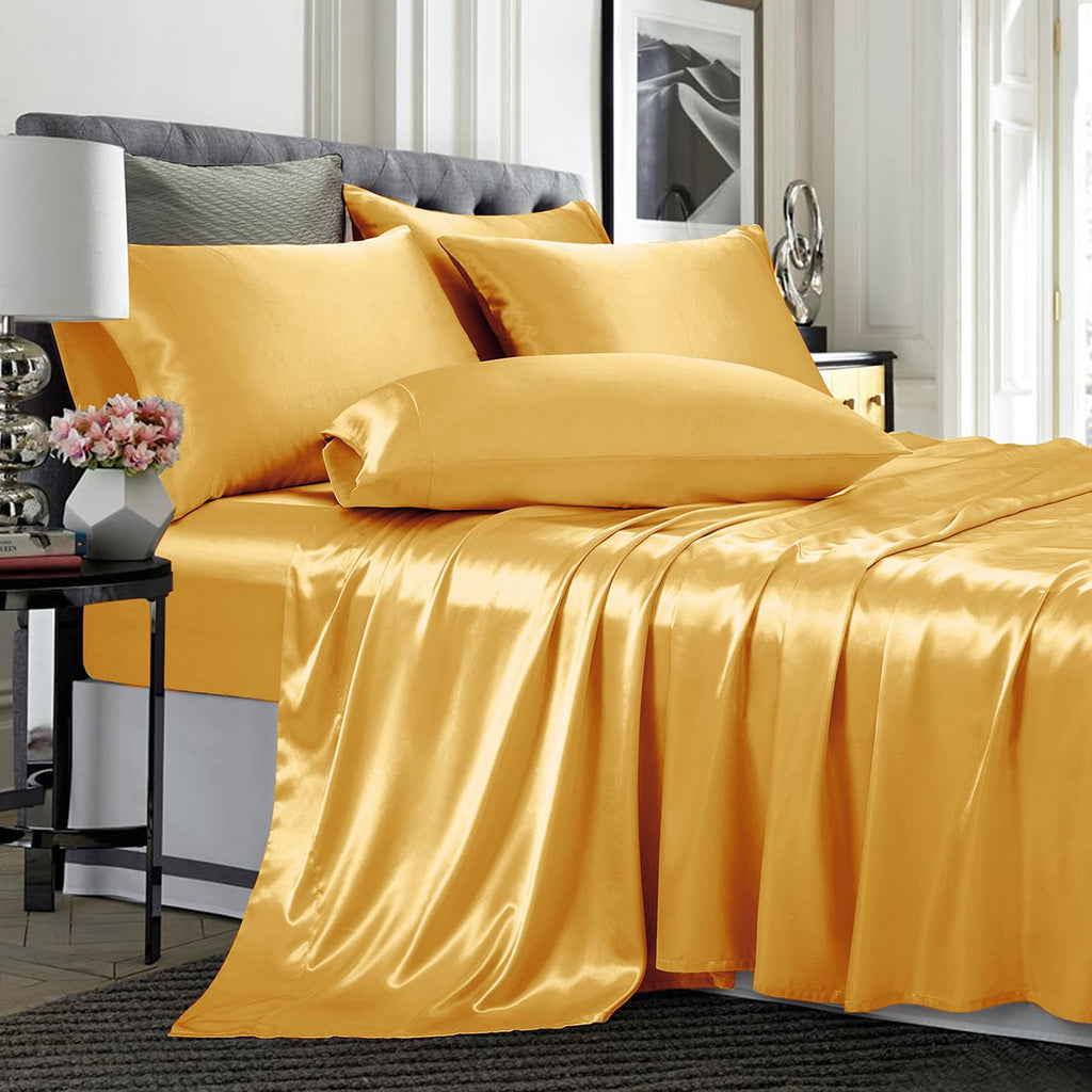TREELY 6 Piece Satin Sheets King Size Silky Smooth Gold Satin Sheet Set with Deep Pocket, Satin Fitted Sheet, Flat Sheet, 4 Sati