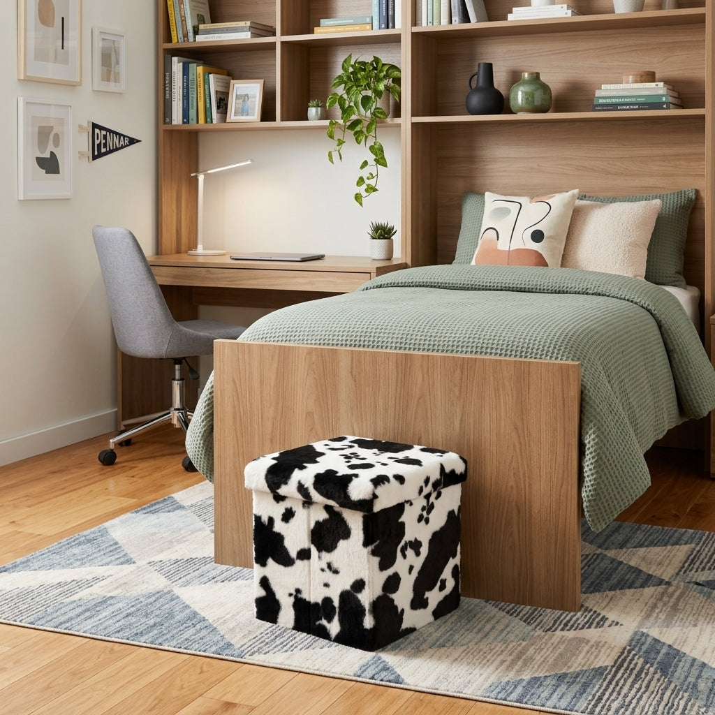 12 Black and White Faux Fur Cow Print Storage Ottoman