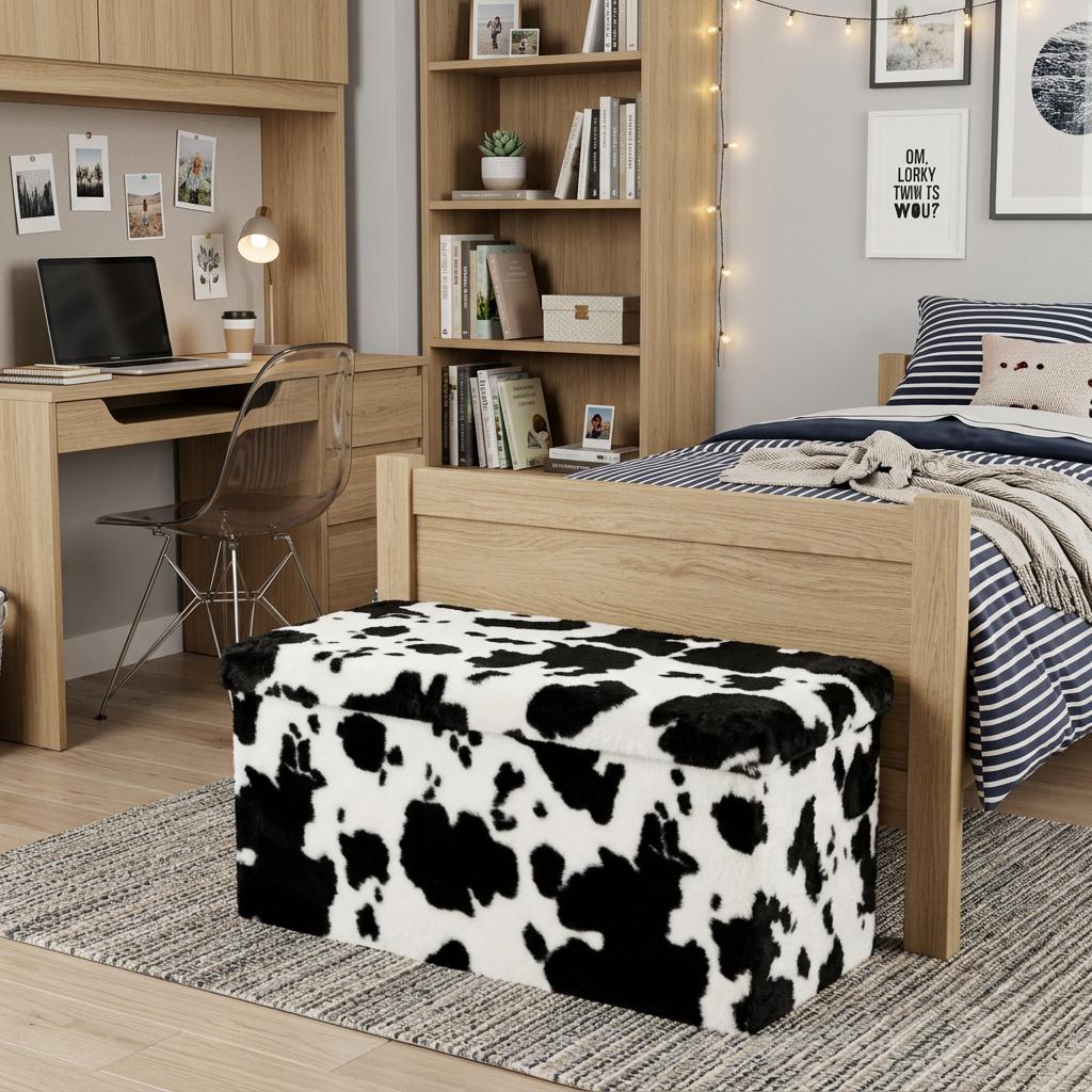 30 Black and White Faux Fur Cow Print Storage Ottoman