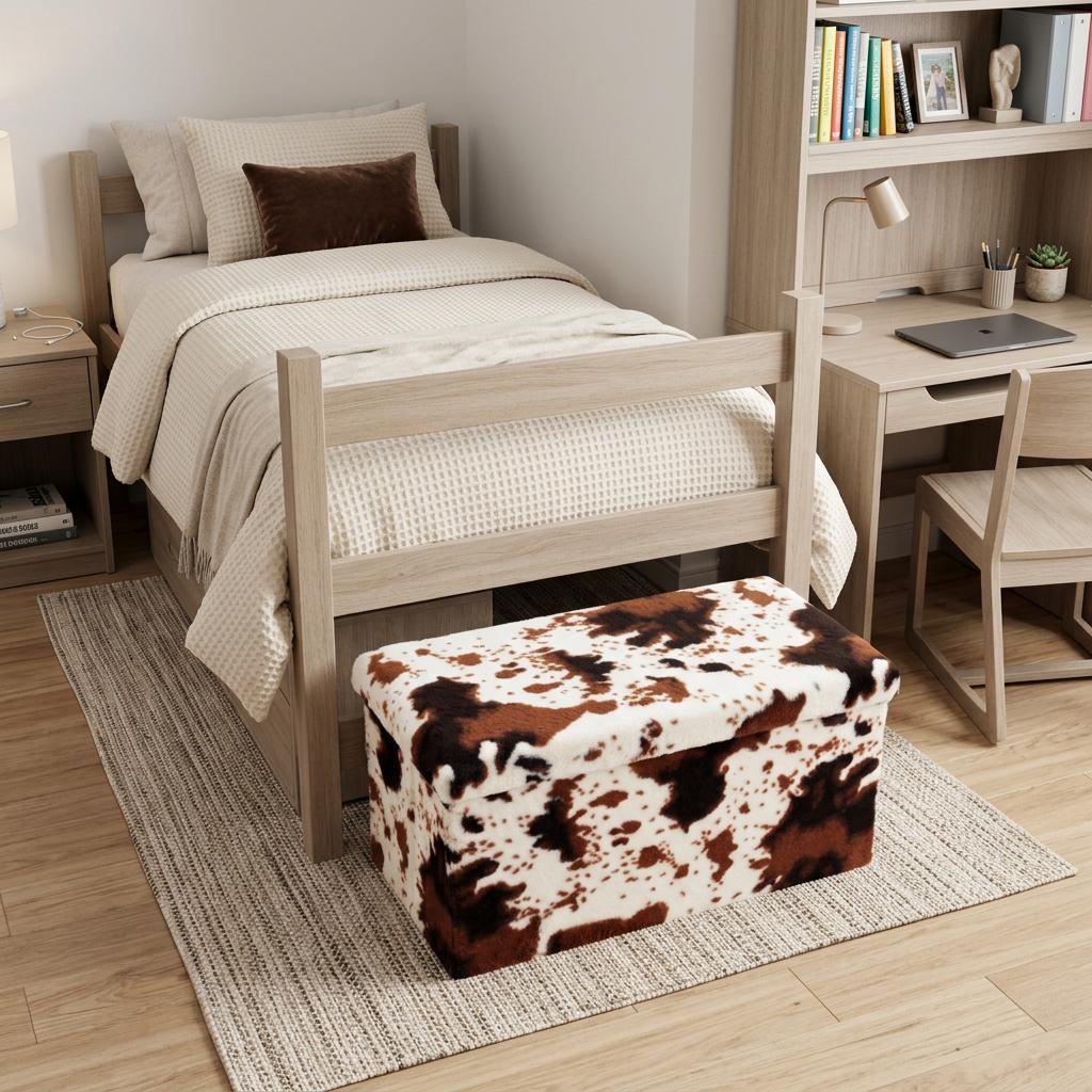 30 White and Brown Faux Fur Cow Print Storage Ottoman