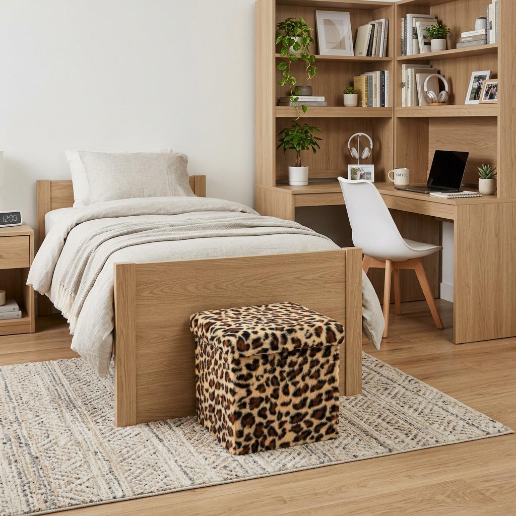 12 Black and Tan Faux Fur Leopard Storage Ottoman