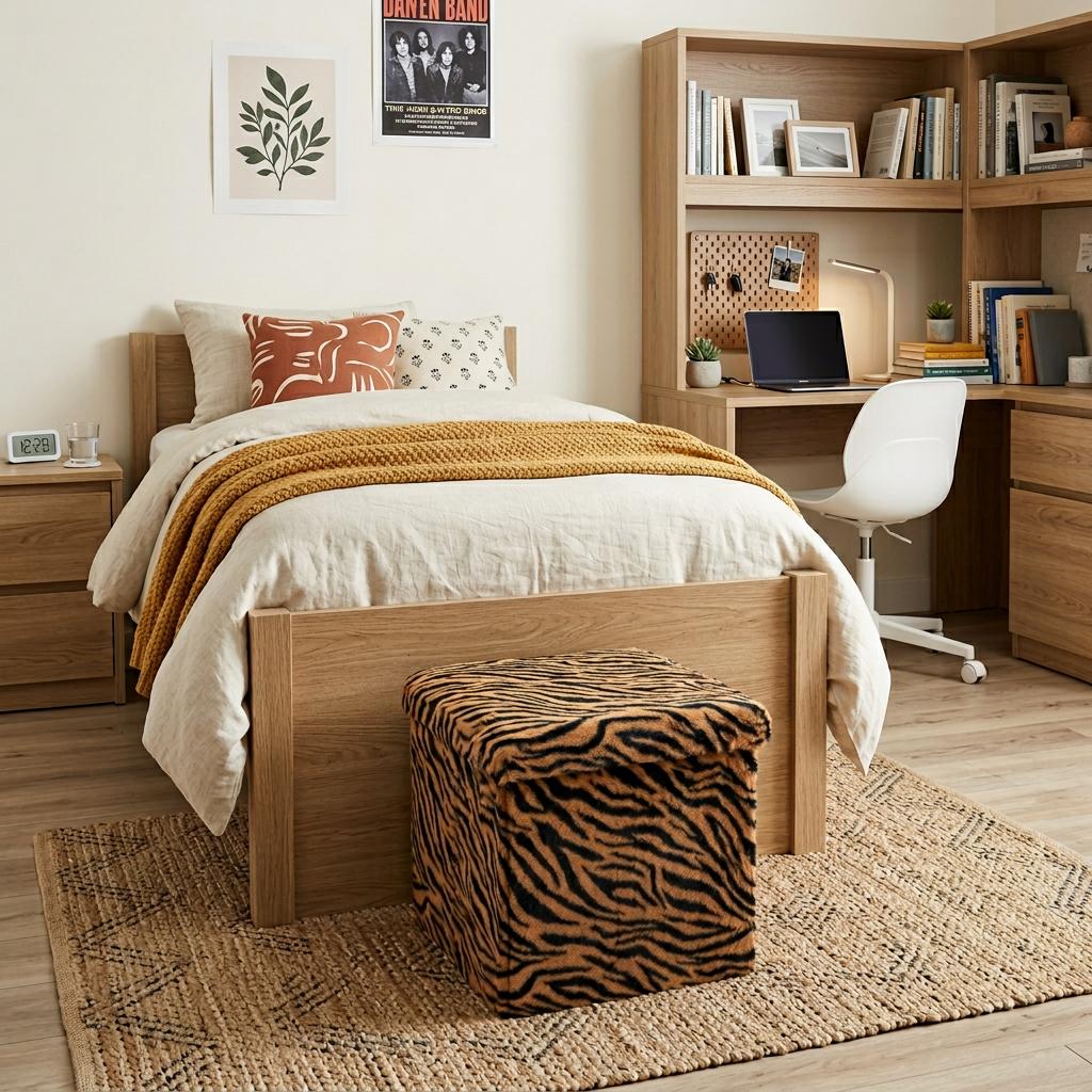 15 Tan and Black Faux Fur Tiger Storage Ottoman