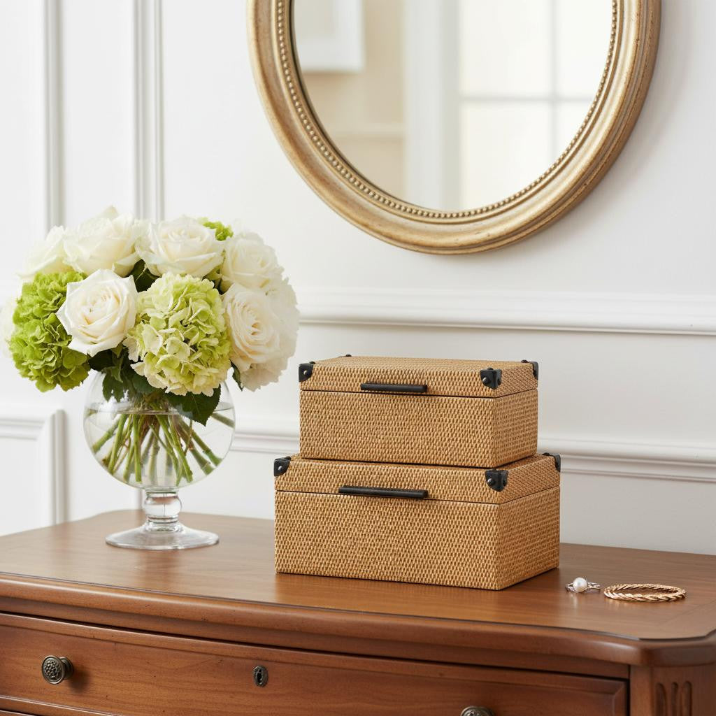 Set of Two Brown And Black Faux Rattan Nesting Storage Boxes With Lids