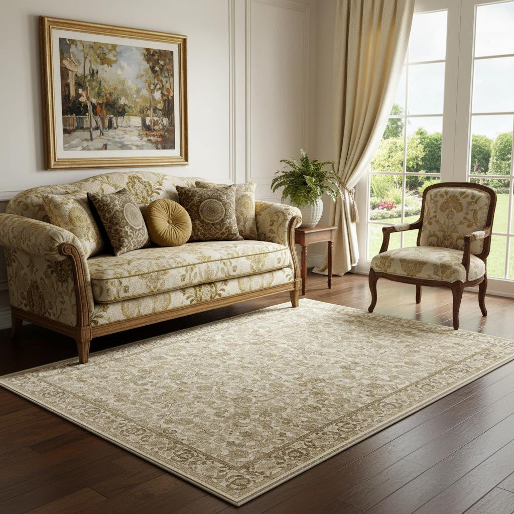 5 X 7 Brown And Ivory Floral Medallion Distressed Washable Area Rug