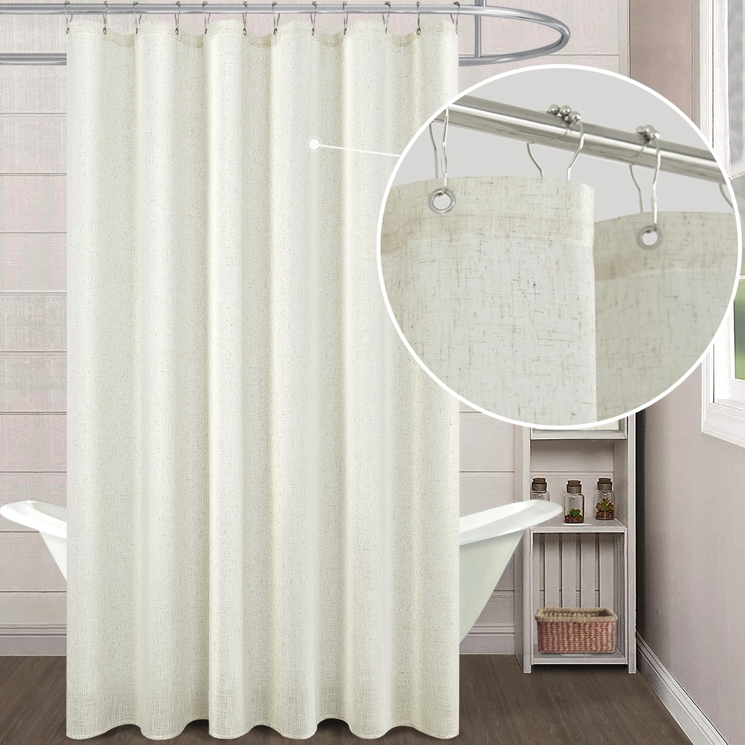 KOUFALL Farmhouse Shower Curtain 96 Inches Long,Modern Boho Linen Fabric Extra Long Shower Curtain 96 Length,Cream Beige