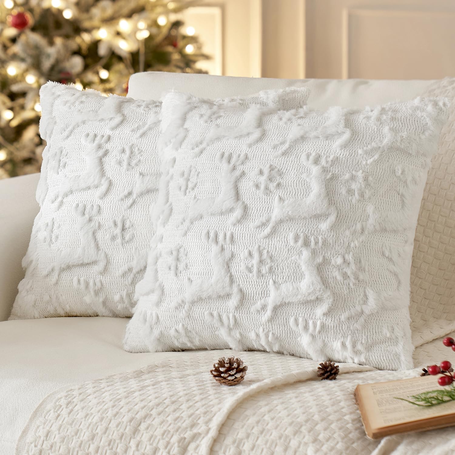 Miulee Christmas Reindeer And Snowflakes Pillow Covers 18X18 Inch Pure White Throw Pillows Set Of 2 Decorative Soft Fluffy Winte