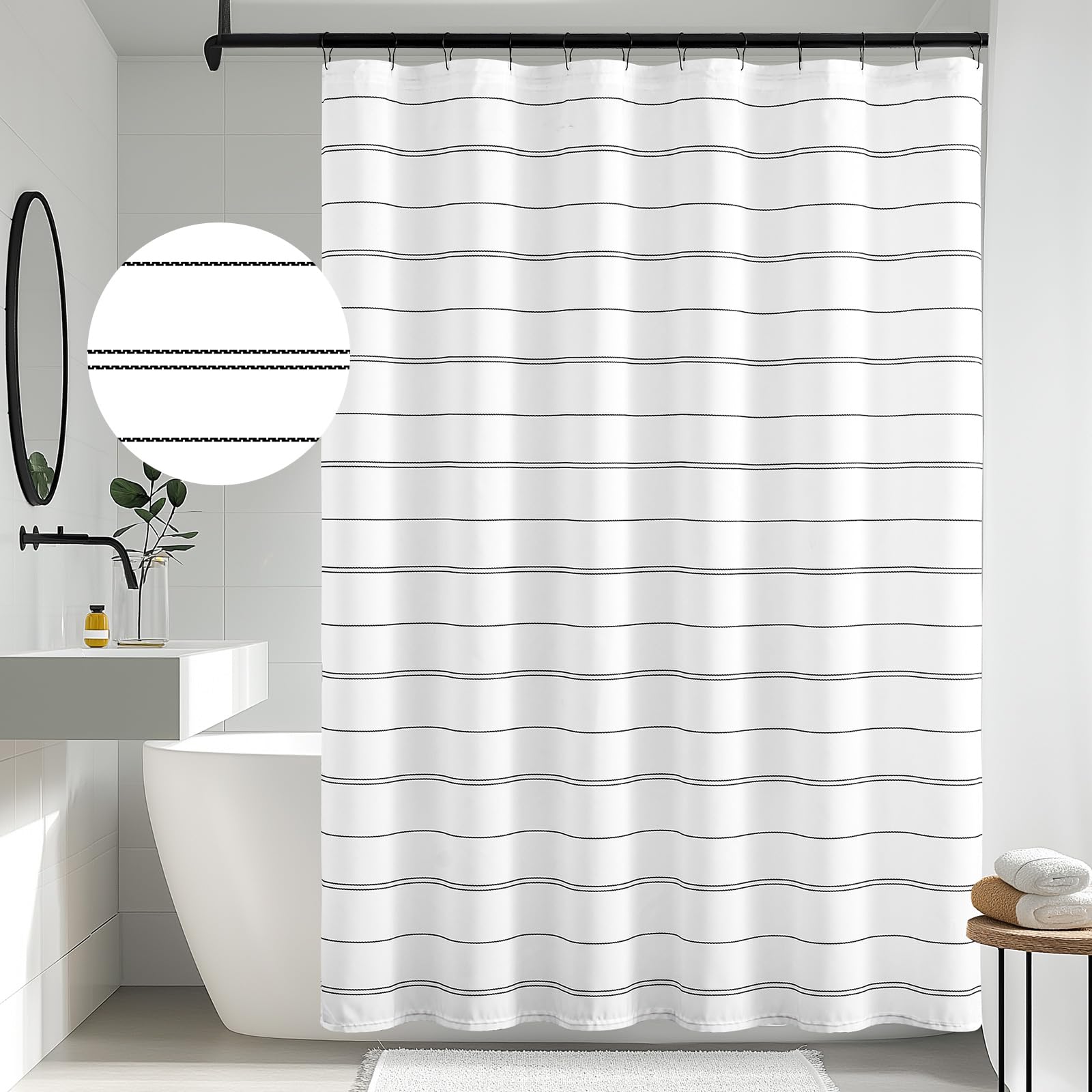 jinchan Black and White Casual Striped Shower Curtain Modern Minimalist Pinstripe Waterproof Fabric Shower Curtains for Bathroom