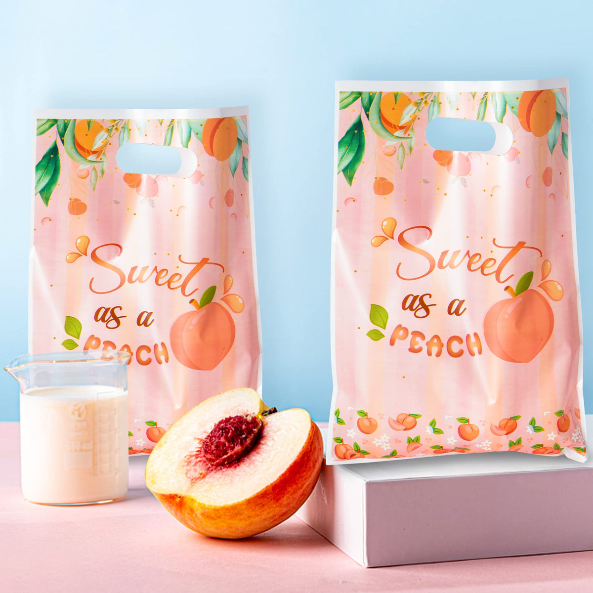 Haooryx 50Pcs Sweet As A Peach Party Favor Bags, Plastic Goodie Candy Bag Gift Wrapping Bags Birthday Gift Accessories Treat Bag