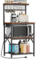 Furologee Kitchen Bakers Rack With Power Outlet, Microwave Oven Stand With Storage 4 Tiers, Coffee Bar Table With 6 S Hooks, Kitchen Storage Shelf Rack For Spices, Pots, Rustic Brown