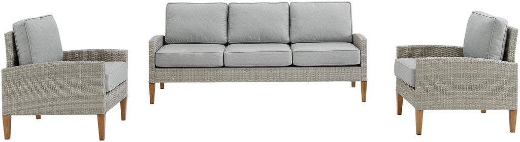 Crosley Furniture Capella 3-Piece Outdoor Sofa Patio Furniture Set, Wicker Conversation Sets For Porch, Acorn With Gray Cushions