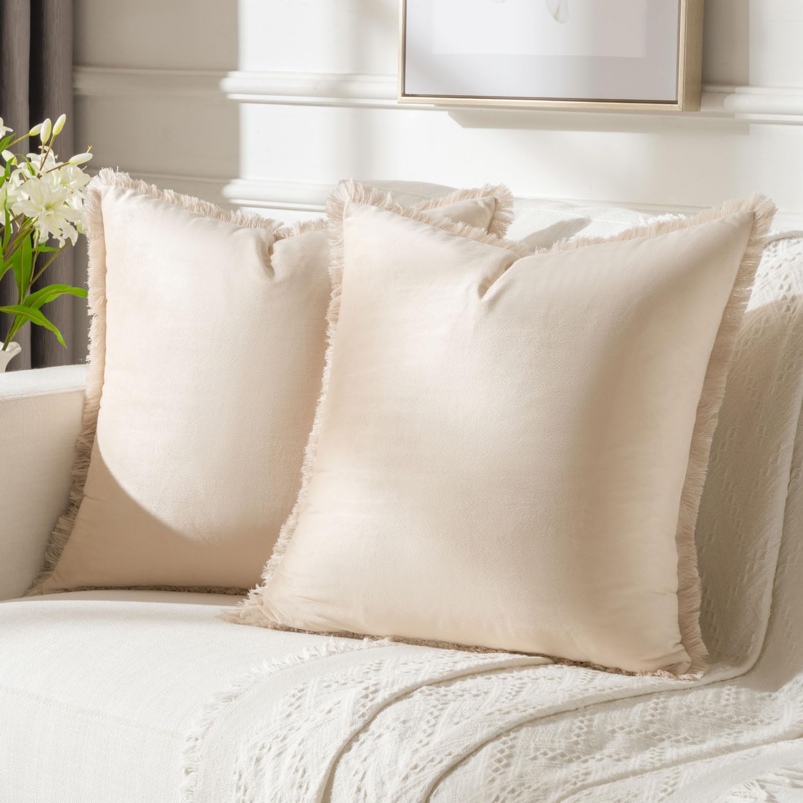 Futei Beige Boho Throw Pillow Covers With Tassels 16X16 Inch Set Of 2,Soft Velvet Decorative Cushion Case,Home Decor For Couch B