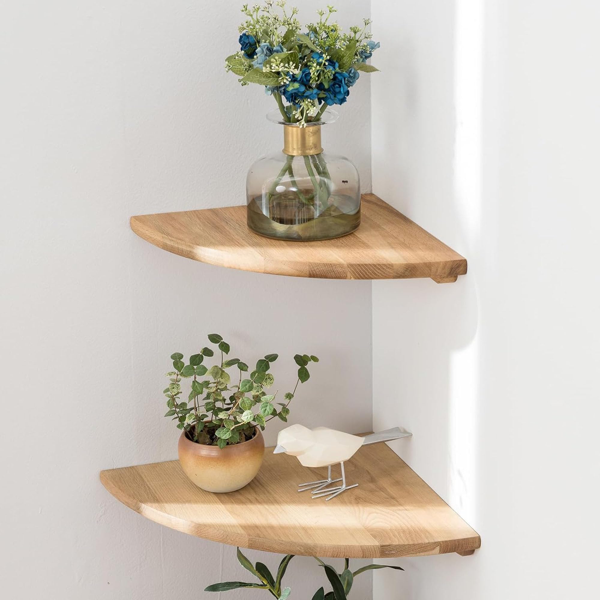 Conamily Corner Shelves, Floating Corner Shelf, Set of 2 Solid Oak Wood Wall Shelves, Round End Wall Mount with Wire Hole Shelvi