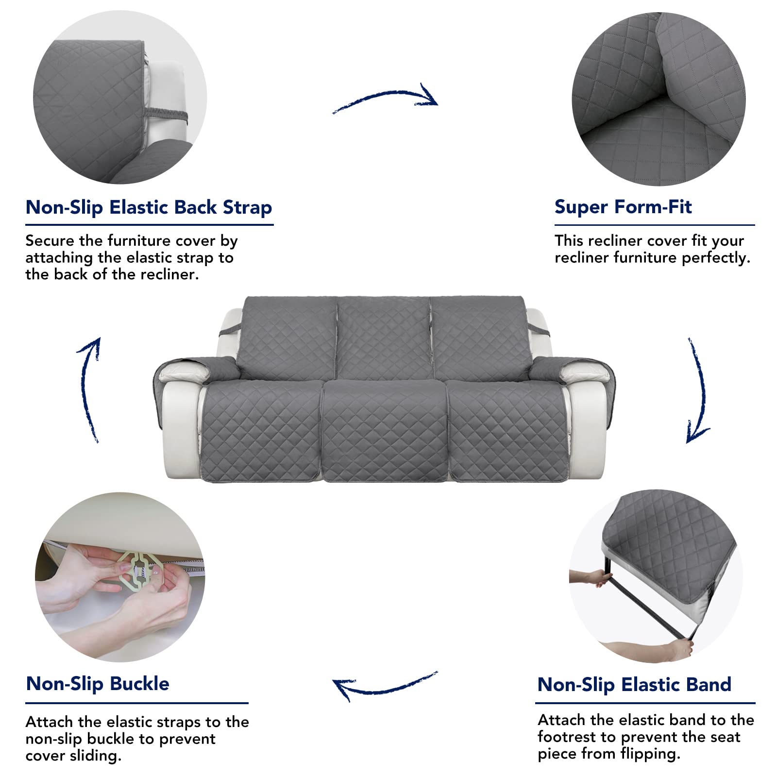 Purefit Water Resistant Reversible Sofa Covers For Reclining Sofa - Non Slip Split Recliner Couch Cover For 3 Cushion Couch, Was