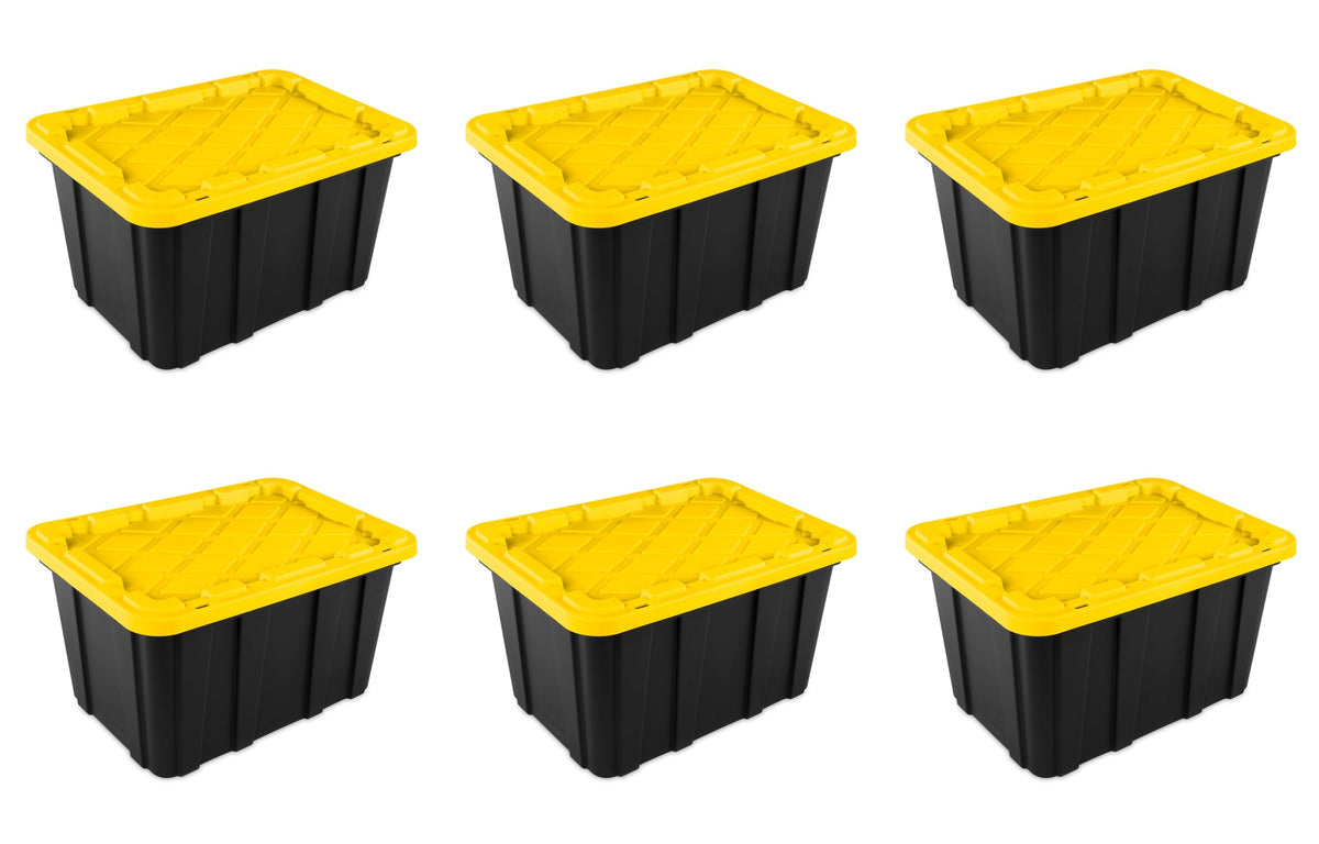 Sterilite 27 Gal Industrial Tote, Stackable Storage Bin with Snap-Fit Lid for Garage, Basement & Attic Storage, Black Base and Y