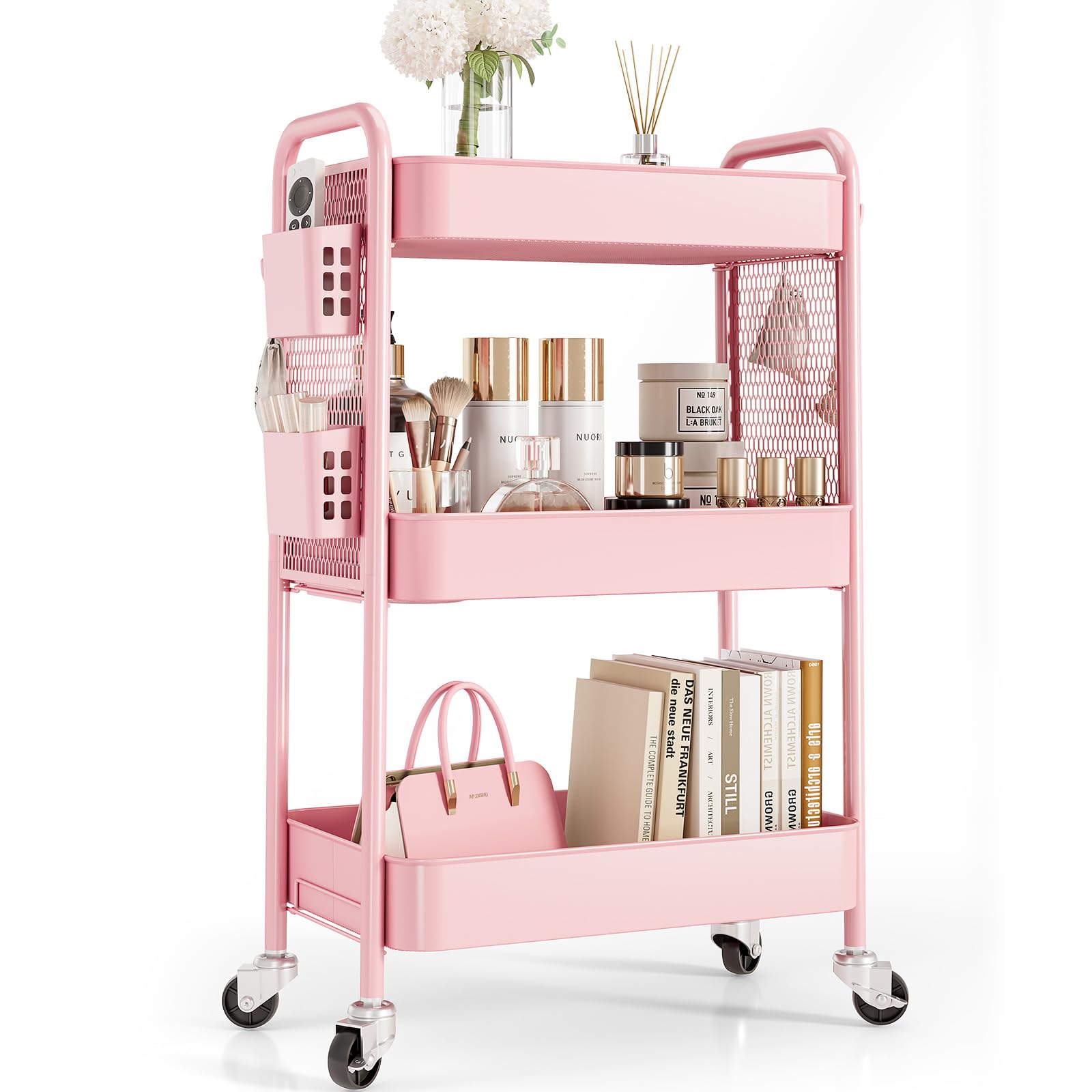 Rolling Carts with Wheels, TOOLF 3 Tier Rolling Utility Cart, Metal Storage Organizer with Pegboard Hooks Bins for Bathroom Kitc