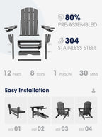 Kingyes Folding Adjustable Adirondack Chair With Retractable Ottoman Set Of 2, Hdpe All Weather Chair With Cup Holder, Wood-Like Reclining Adirondack Chair - Versatile Adirondack Chair, Grey