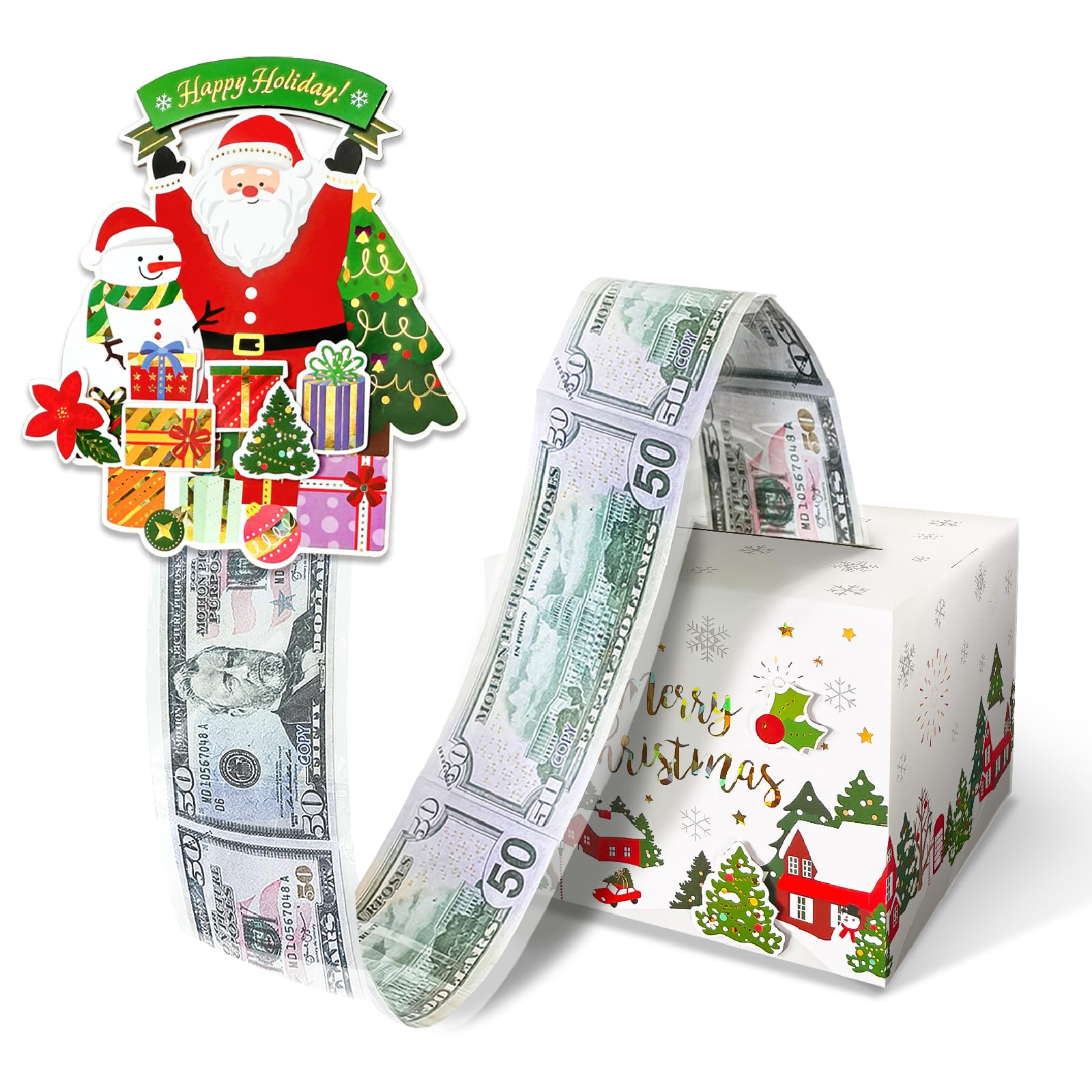 YAOLIGIFT Christmas Money Box for Cash Gift Pull, Surprise Explosion Gift with 60Pcs Transparent Bags for Christmas, DIY Holiday