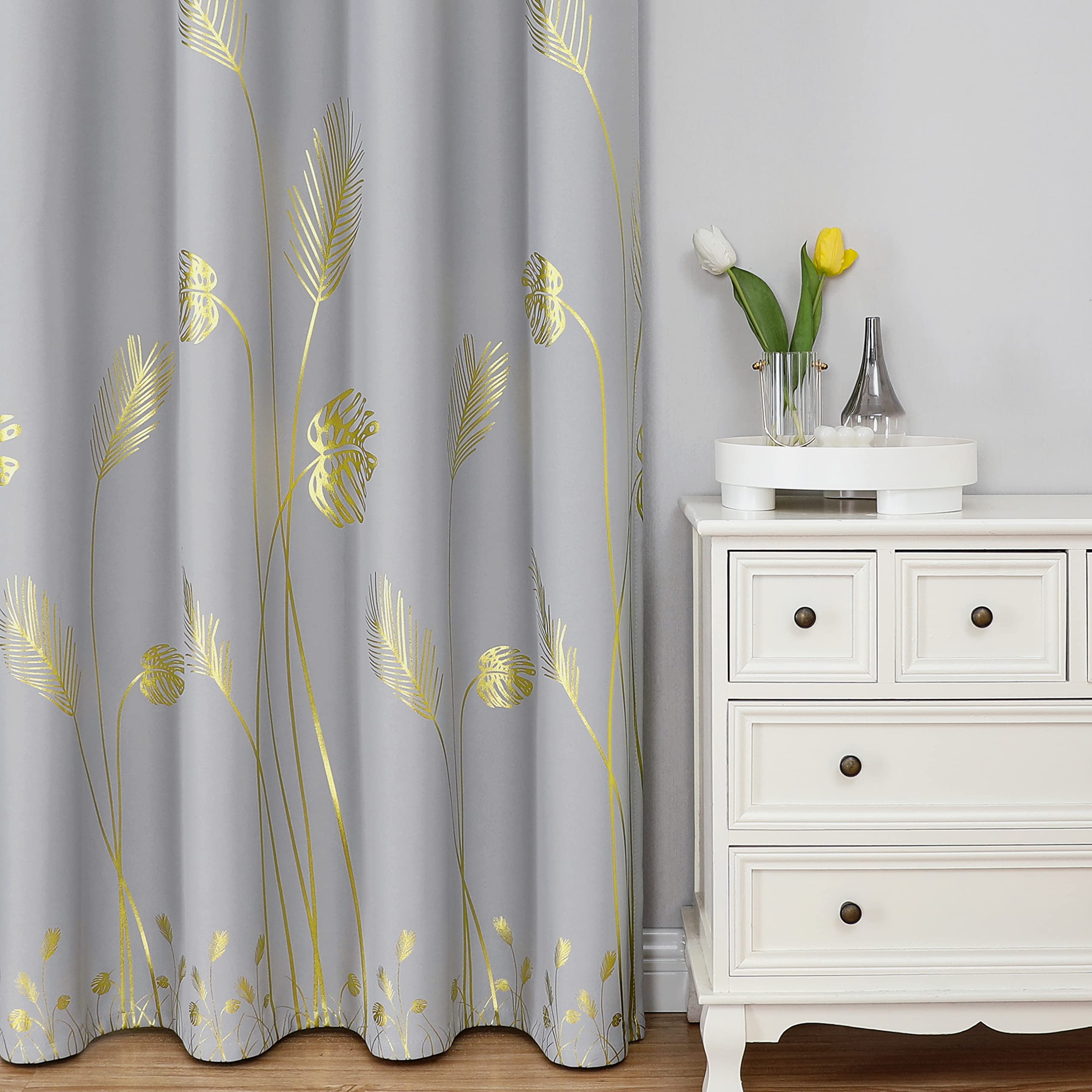 Estelar Textiler Light Grey Blackout Curtains 108 Inches Long, Gold Palm Tree Pattern Light Gray Curtains, Light Blocking Therma