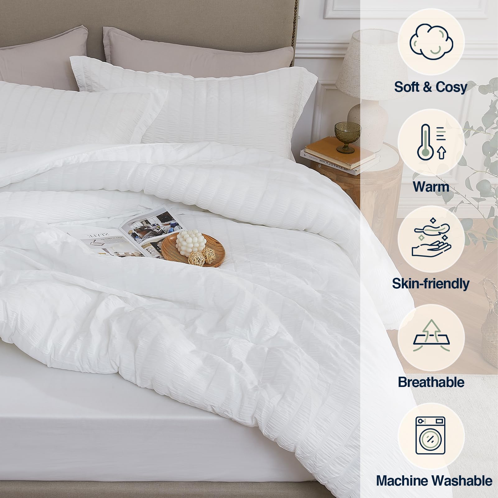 Quataly White Full Comforter Set - 3 Pieces Seersucker Lightweight Bedding Comforter Sets (1 Soft Fluffy Comforter & 2 Pillowcas
