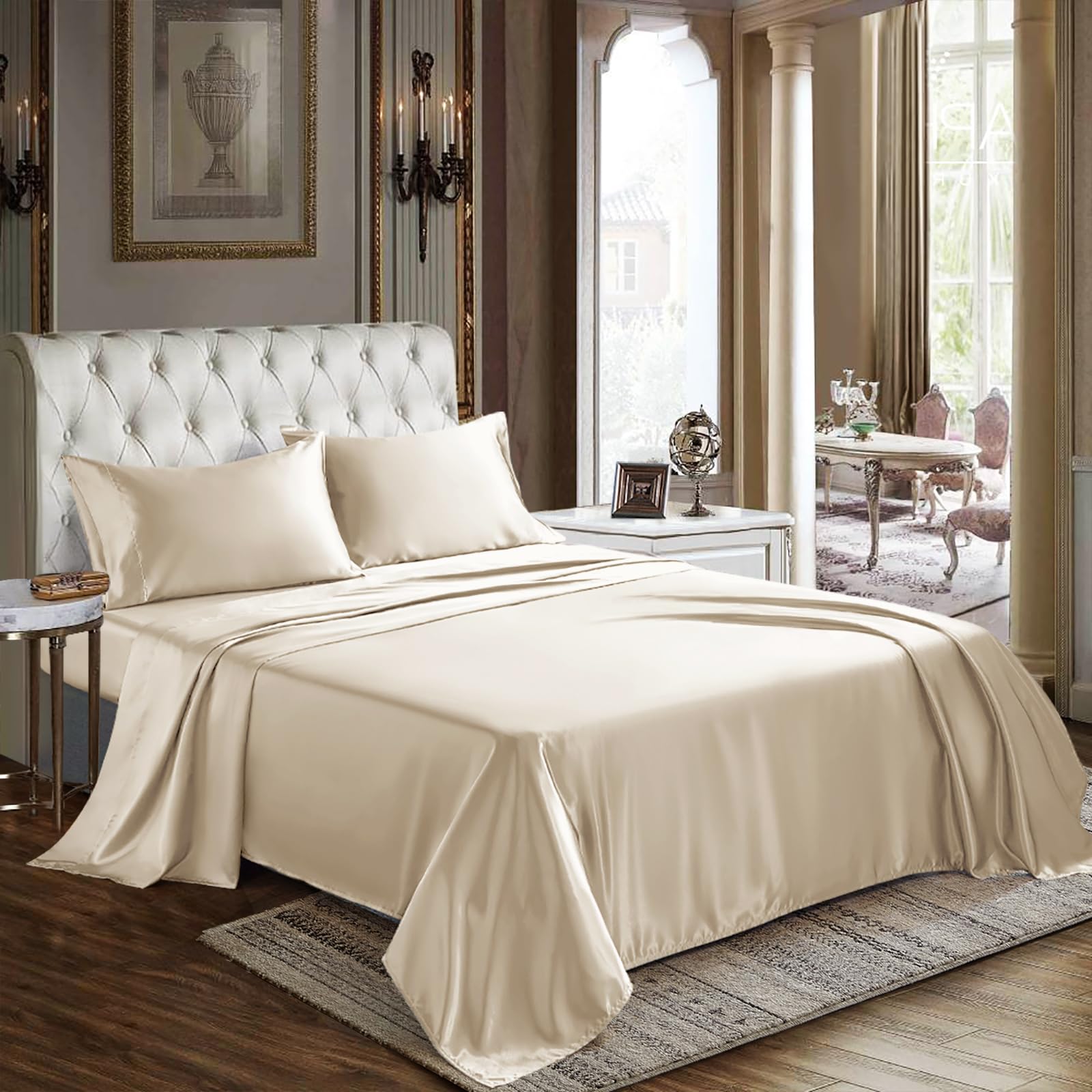 Cozylux Satin Sheets Full Size - 4 Piece Champagne Bed Sheet Set With Silky Microfiber, 1 Deep Pocket Fitted Sheet, 1 Flat Sheet