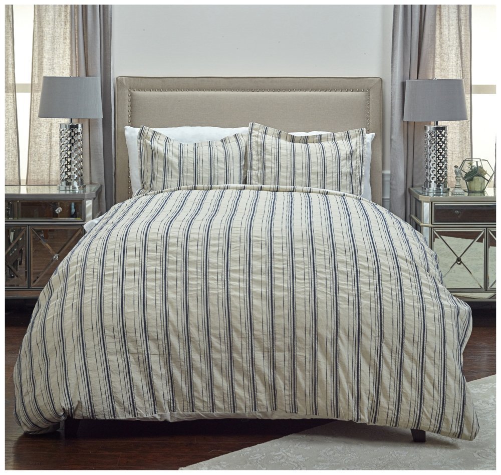 Rizzy Home | Bt4052 | Duvet | 114"X98" Blue/Neutral/Brown Woven In Stripes