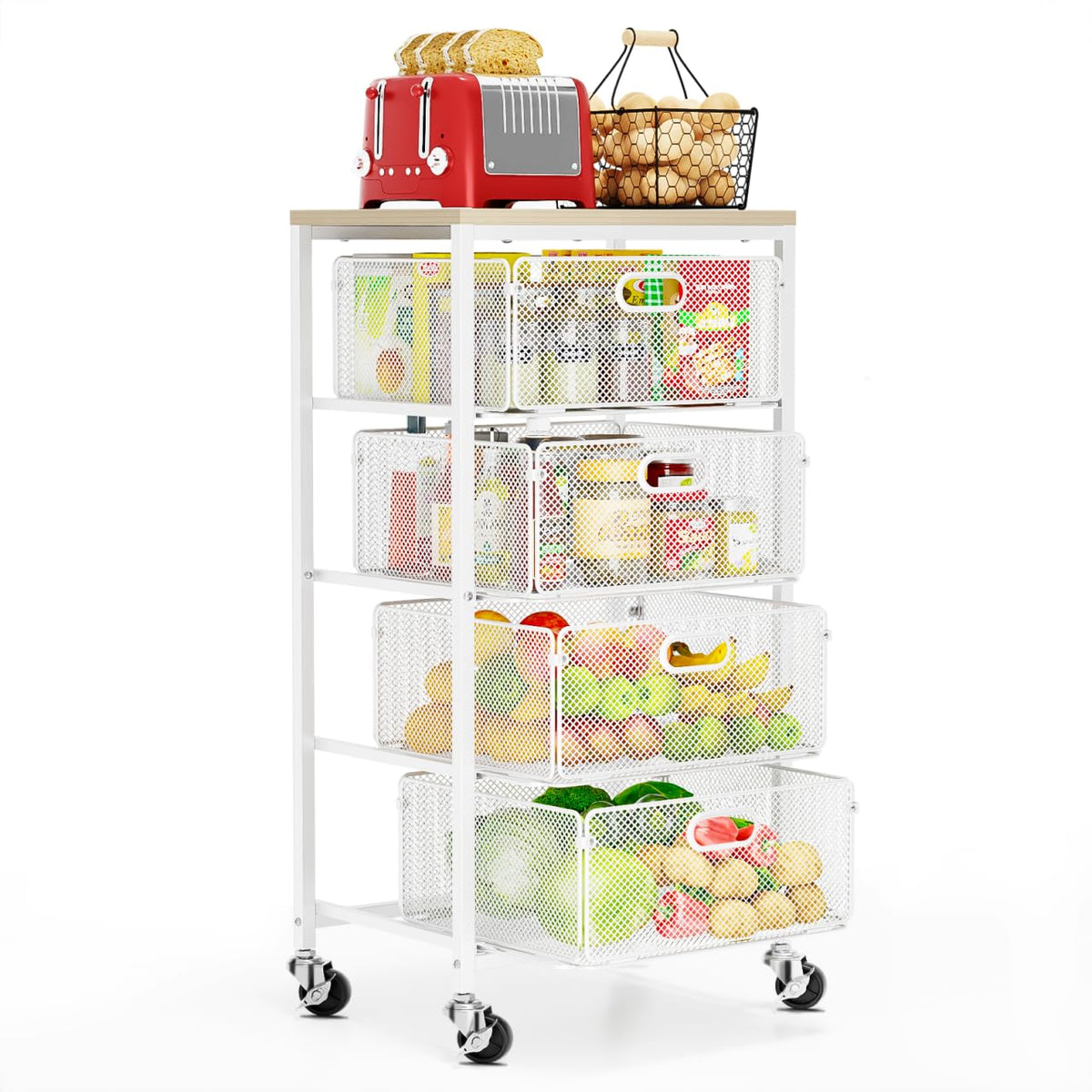 Goovilla Kitchen Cart with Drawers, Lockable Wheels with Wooden Top, White