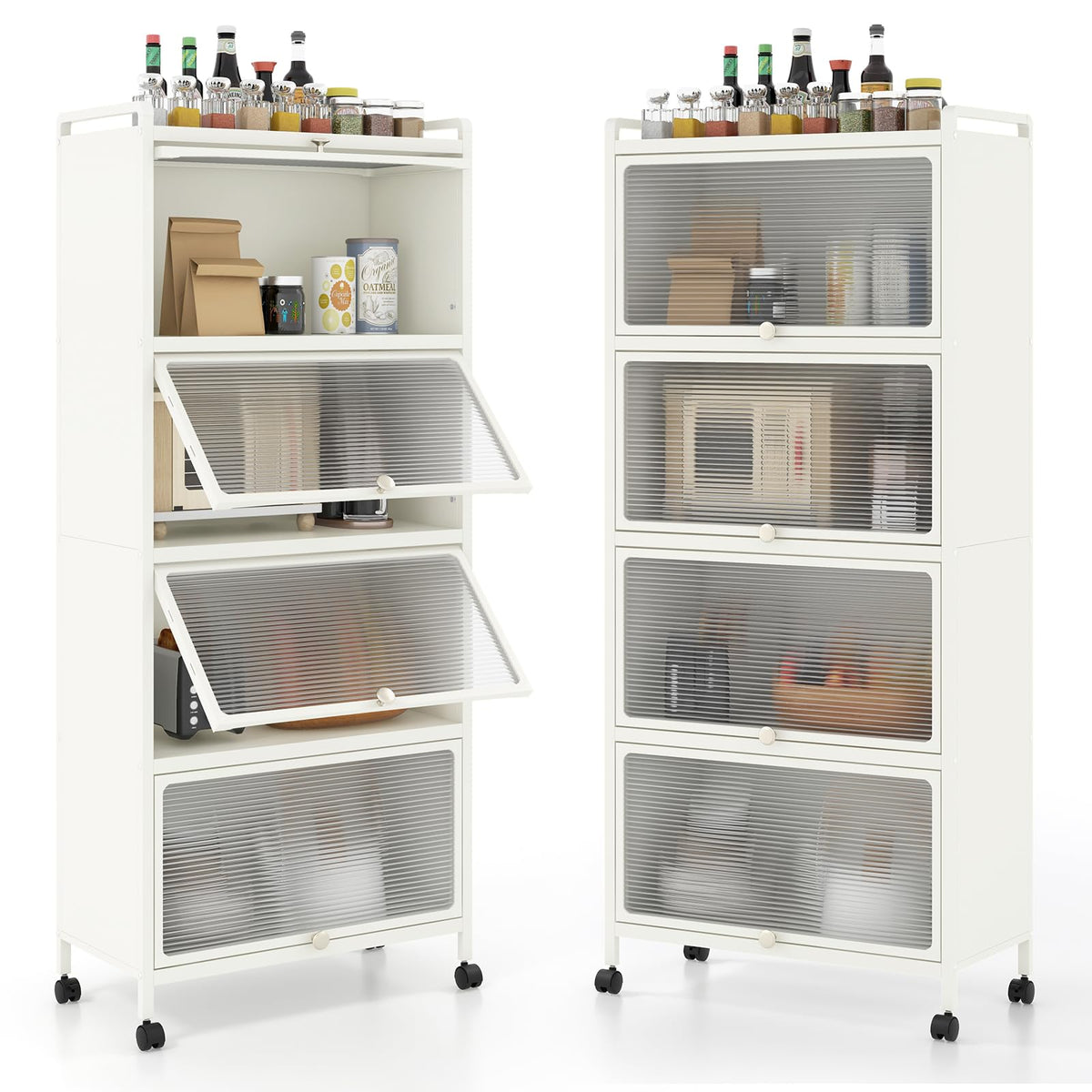 Giantex 5-Tier Kitchen Storage Cabinet, Mobile Microwave Stand With Flip-Up Pc Doors, Freestanding Kitchen Bakers Rack With 4 Rolling Casters, For Dining Room, Living Room And Study (White)