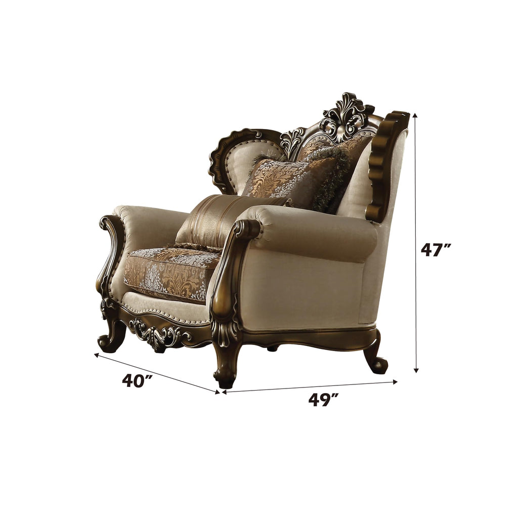 Acme Latisha Chair with Nailhead Trim in Tan Pattern Fabric and Antique Oak