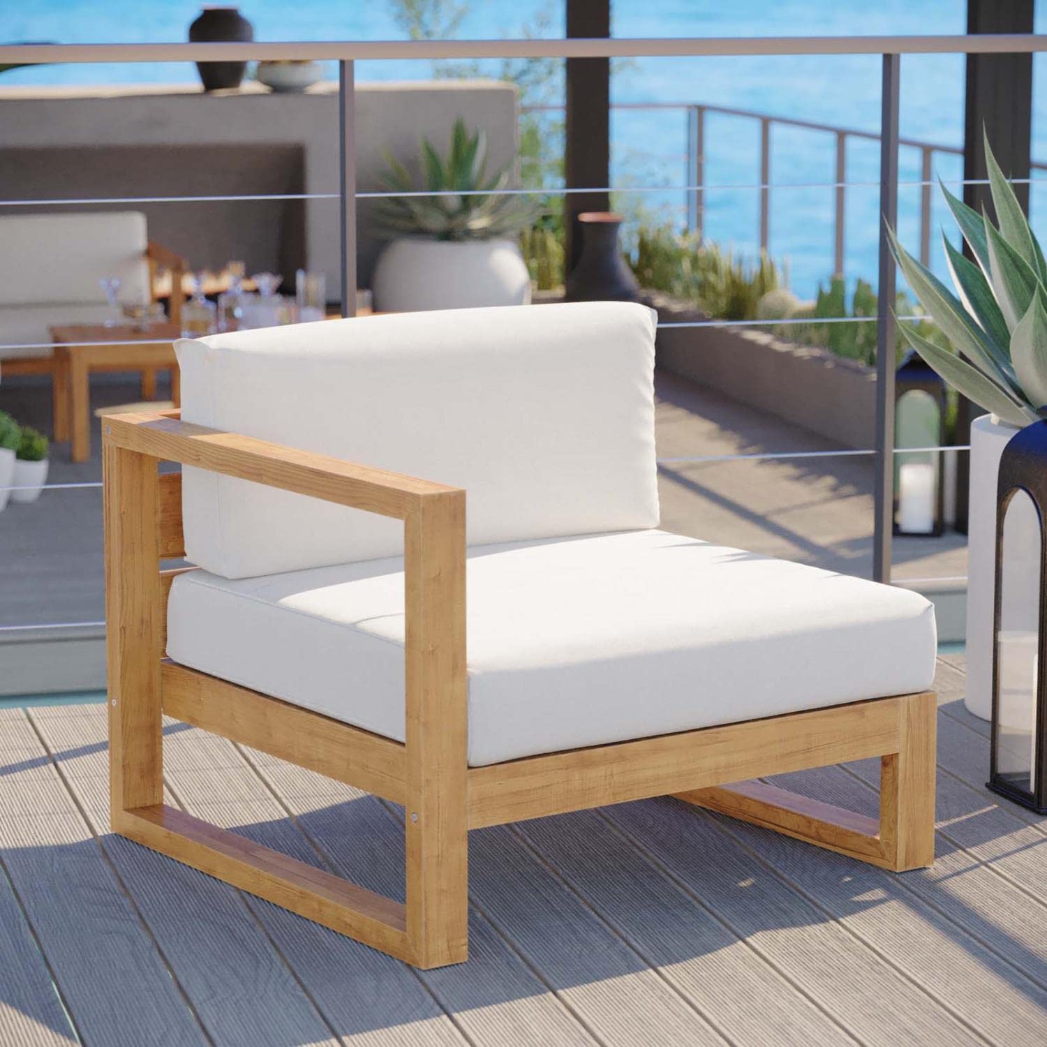 Modway Eei-4124-Nat-Whi Upland Patio Teak Wood Left-Arm Chair, Natural White