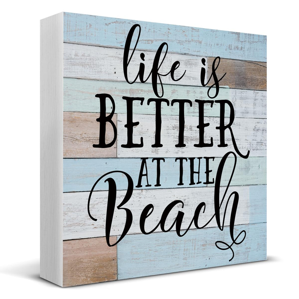 HOIJAUMAI Life Is Better at the Beach Wooden Box Sign Desk Decor, Beach House Sign Beach Life Quote Wood Sign for Home Beach Hou