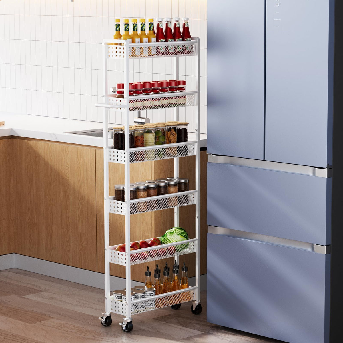 Xpatee 6 Tier Slim Storage Cart with Wheels, 6 D Rolling Storage Cart for Small Space, Metal Narrow Spice Cabinet Mobile Shelvi